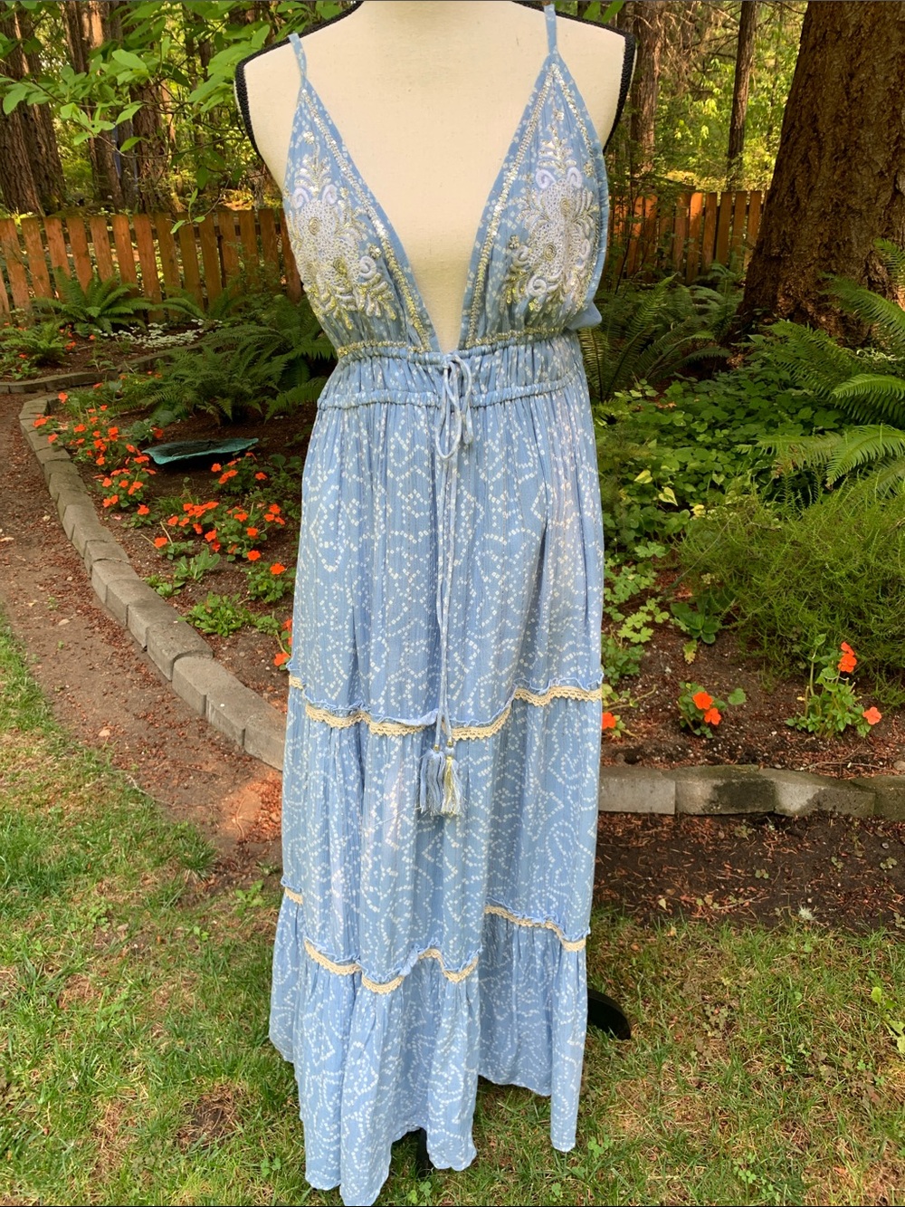 Amanda  Light Blue Boho Embellished Maxi Dress with Tassel Tie